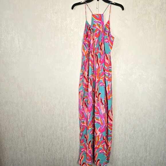 Southern Frock Womens S Maxi Dress Strappy Pink Aqua Tropical Resort Beach Vacay - Picture 4 of 8